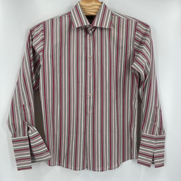 Roar Mens XL Gray‎ Pink Striped Long Sleeve French Cuff Button Up Shirt - Picture 4 of 5